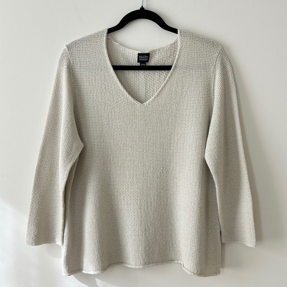Eileen Fisher Beige Cotton Blend Woven V-Neck Sweater - Picture 1 of 16
